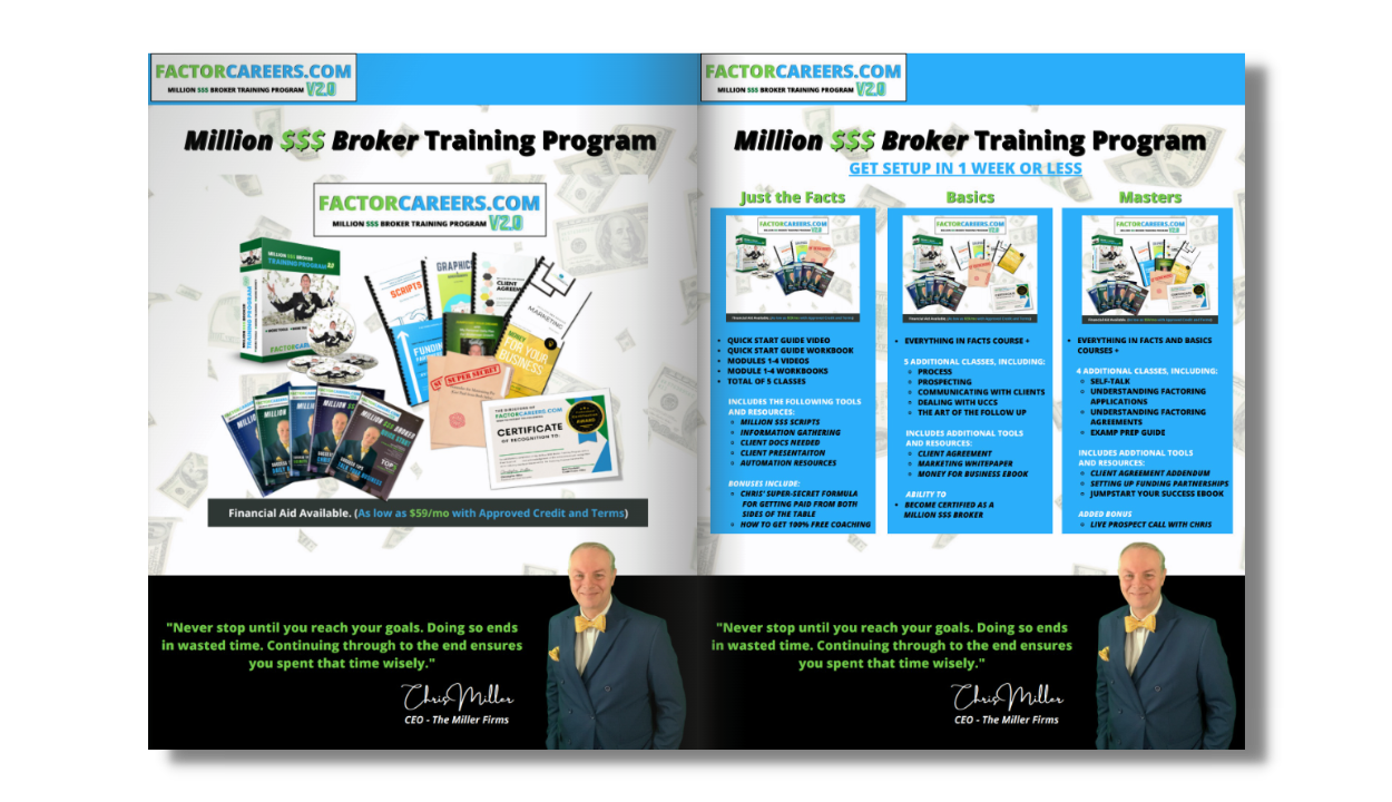 Workbook layout interior - Broker Training from FactorCareers and The Miller Firms.